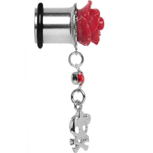 Load image into Gallery viewer, Red Rose Flower Skull Crossbones Dangle Plug Sizes 5mm to 12mm
