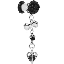 Load image into Gallery viewer, 0G Black Flower Heart to Heart Dangle Plug Sizes 5mm to 12mm
