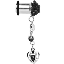 Load image into Gallery viewer, 0G Black Flower Heart to Heart Dangle Plug Sizes 5mm to 12mm
