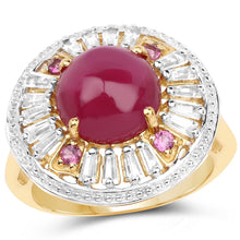 Load image into Gallery viewer, 14K Yellow Gold Plated 8.91 Carat Genuine Glass Filled Ruby, Rhodolite &amp; White Topaz .925 Sterling Silver Ring
