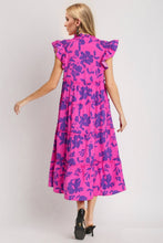 Load image into Gallery viewer, Full Size Ruffled Printed Sleeve Midi Dress Elegant &amp; Beautiful Design Red-Violet Dress
