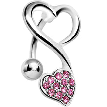 Load image into Gallery viewer, Top Mount Pink Gem Swirling Dual Hearts Belly Ring
