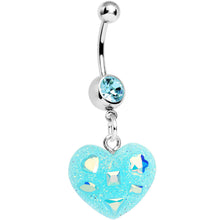 Load image into Gallery viewer, Crystalline Gem Aqua Glitter Heart Dangle Belly Ring
