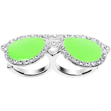 Load image into Gallery viewer, Green Neon Clear Gem Silver Tone Fashion Glasses Double Finger Ring
