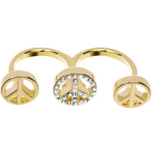 Load image into Gallery viewer, Clear Gem Gold Tone Triple Peace Sign Double Finger Ring

