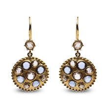 Load image into Gallery viewer, 18K Yellow Gold 1 2/3 Cttw Diamond and Blue Sapphire Bezel Set Gemstone Cluster Medallion Dangle Earrings (Brown and G-H Color, SI1-SI2 Clarity)
