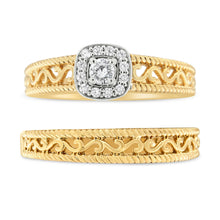 将图片加载到图库查看器，14K Yellow Gold Plated .925 Sterling Silver 1/5 Cttw Diamond Halo and Milgrain Finish Engagement Ring Bridal Set (I-J Color I3 Clarity) - Size 7
