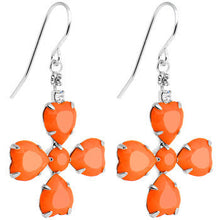 Load image into Gallery viewer, Clear Gem Orange Neon Four Leaf Flower Dangle Earrings
