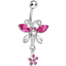 将图片加载到图库查看器，Pink Crystalline Gem Dazzling Dragonfly Flower Dangle Belly Ring
