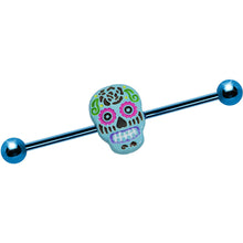 Load image into Gallery viewer, Light Blue Anodized Titanium Baby Blue Sugar Skull Industrial Barbell
