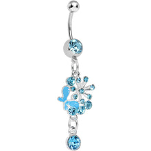 Load image into Gallery viewer, Single Gem Aqua Floral Burst Butterfly Dangle Belly Ring
