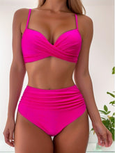 Load image into Gallery viewer, Tropical Vibe High Waist Bikini Set – Flirty V-Neck Swimsuit with Layered Colorblock High Cut Bottom Crisscross Strap Detail &amp; Ultra-Stretch Comfort – Women's Two Piece Swimwear for Summer Beach Pool &amp; Vacation Fun
