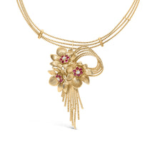 Load image into Gallery viewer, 18K Yellow Gold Diamond and Red Ruby Floral Cascade Statement Necklace with 16" Inch Bead Chain (F-G Color, VS1-VS2 Clarity)
