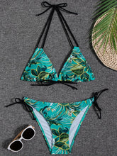 Load image into Gallery viewer, Sunset Bloom 2-Piece Triangle Bikini Set for Women – Vibrant Random Floral Print Halter Neck Swimsuit with Tie-Back Tie-Side Bottoms &amp; High Cut Legs – Women's High-Stretch Swimwear for Summer Beach Escapes
