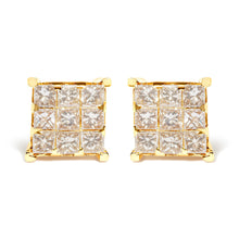 将图片加载到图库查看器，14K Yellow Gold 1 1/2 Cttw Invisible Set Princess-Cut Diamond 9 Stone Square Stud Earrings (J-K Color, SI2-I1 Clarity)
