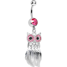 Load image into Gallery viewer, Clear Gem Pink Majestic Owl Leaves Dangle Belly Ring
