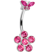 将图片加载到图库查看器，Pink Gem Butterfly Flower Double Mount Belly Ring
