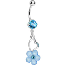 Load image into Gallery viewer, Aqua Gem Hollow Heart Flower Dangle Belly Ring
