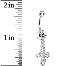 将图片加载到图库查看器，Clear Gem Hollow Cross Charm Double Dangle Belly Ring
