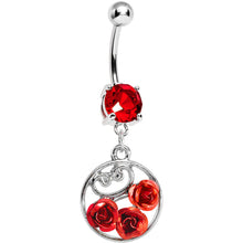Load image into Gallery viewer, Red CZ Triple Rose Flower Hoop Charm Dangle Belly Ring

