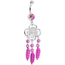 将图片加载到图库查看器，Pink Gem and Feathers Flowered Dreamcatcher Dangle Belly Ring
