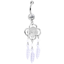 Load image into Gallery viewer, Clear Gem and White Feathers Flowered Dreamcatcher Dangle Belly Ring
