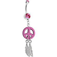 将图片加载到图库查看器，Pink Gem Peace Sign Dreamcatcher Dangle Belly Ring
