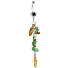 Load image into Gallery viewer, Black Gem Turquoise Gold Feathers Dangle Belly Ring
