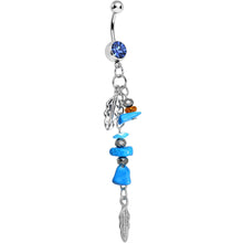 将图片加载到图库查看器，Blue Gem Turquoise Silver Feathers Native American Dangle Belly Ring
