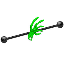 Load image into Gallery viewer, Black Anodized Titanium Creepy Green Skeleton Hand Industrial Barbell
