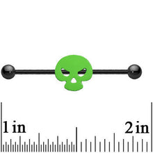 Load image into Gallery viewer, Black Anodized Titanium Fierce Green Half Skull Industrial Barbell
