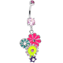 Load image into Gallery viewer, Pink Gem Bunches of Blossoms Colorful Flowers Dangle Belly Ring
