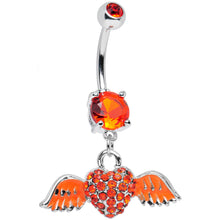 Load image into Gallery viewer, Orange Gem Paved Heart Neon Wings Dangle Belly Ring
