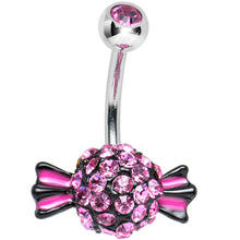 Load image into Gallery viewer, Crystalline Gem Paved Pink and Black Piece of Candy Belly Ring

