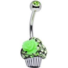 将图片加载到图库查看器，Green Gem Paved Rose Flower Topped Cupcake Belly Ring
