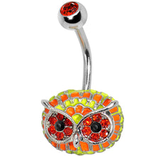 Load image into Gallery viewer, Orange Gem with Multi Neon Feathers Owl Face Belly Ring
