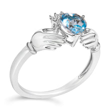 将图片加载到图库查看器，Sterling Silver Blue Topaz Heart Claddagh Ring
