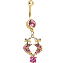 Load image into Gallery viewer, Pink Gem Gold Plated Bow Tied Basket Heart Dangle Belly Ring
