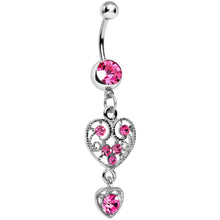 Load image into Gallery viewer, Pink Gem Double Fancy Hollow Heart Dangle Belly Ring
