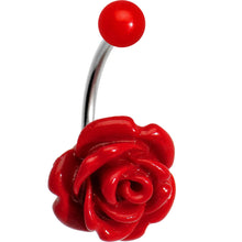Load image into Gallery viewer, Red Beautiful Blooming Stone Flower Rose J-Bar Belly Ring
