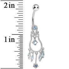 Load image into Gallery viewer, Aqua Gem Pear with Dainty Rose Flower Dangle Belly Ring
