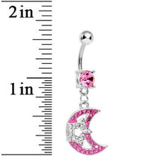 Load image into Gallery viewer, Pink Gem Paved Moon Crystalline Gem Celestial Star Dangle Belly Ring
