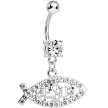 Load image into Gallery viewer, Crystalline Gem Paved Christian Jesus Fish Dangle Belly Ring
