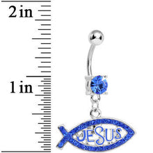 Load image into Gallery viewer, Blue Gem Paved Christian Jesus Fish Dangle Belly Ring
