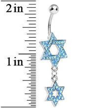 Load image into Gallery viewer, Aqua Gem Paved Double Star of David Dangle Belly Ring
