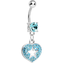Load image into Gallery viewer, Aqua Gem Superstar Heart Dangle Belly Ring
