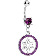Load image into Gallery viewer, Dark Purple Gem Paved Enclosed Star of David Dangle Belly Ring
