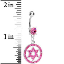 Load image into Gallery viewer, Pink Gem Paved Enclosed Star of David Dangle Belly Ring
