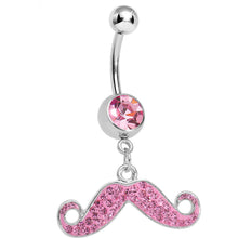Load image into Gallery viewer, Pink Gem Paved Super Fun Mustache Dangle Belly Ring
