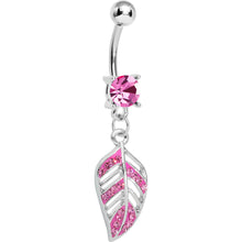 Load image into Gallery viewer, Pink Gem Paved Floating Leaf Dangle Belly Ring
